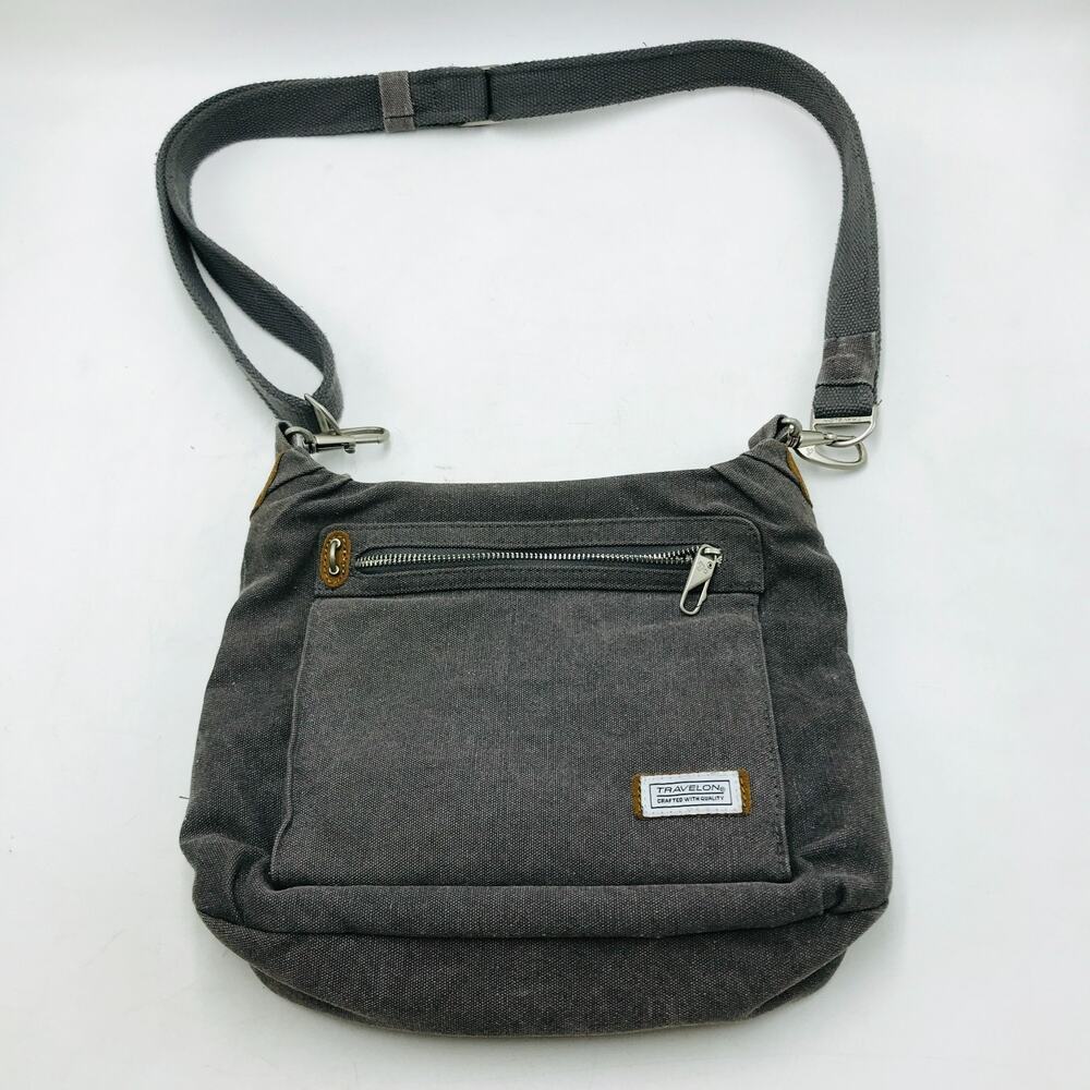 Travelon Anti-Theft Heritage Crossbody Hobo Bag RFID Blocking Pewter Gray Canvas